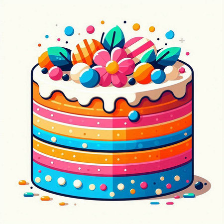 Birthday cake with multicolor icing. Vector illustration on white background.