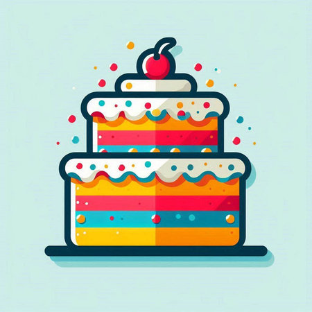 Birthday cake flat vector illustration. Cake with cherry on top.