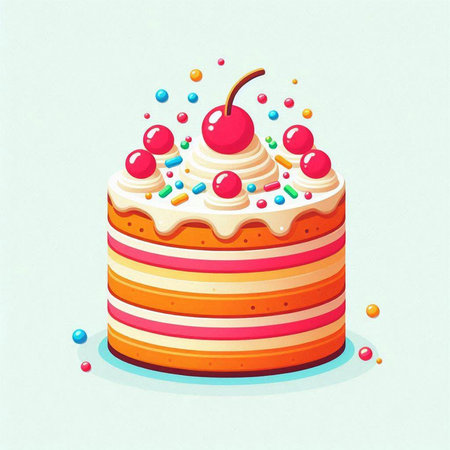 Cake with cream and cherry on top. Vector illustration in cartoon style.