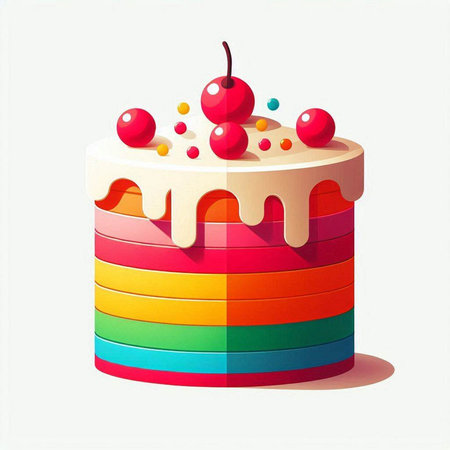 Birthday cake with cherries on a white background. Vector illustration.の写真素材