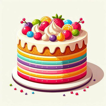 Illustration of a birthday cake with cream and fruits on a white background