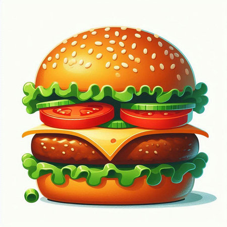 Hamburger with cheese, tomato and lettuce. Vector illustration.の写真素材