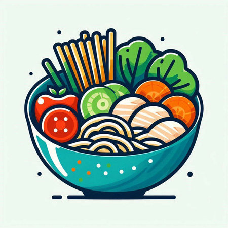 Vector illustration of a bowl of noodle with vegetables and meat.の写真素材