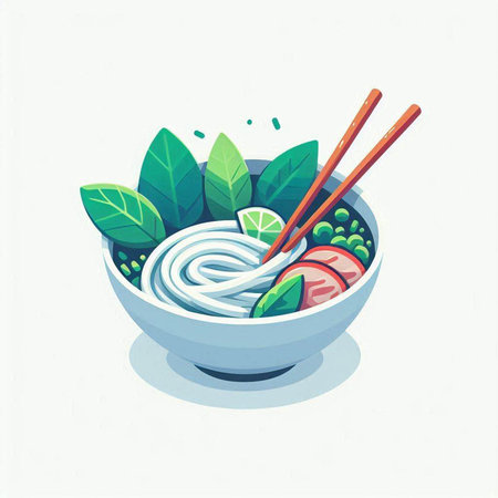 Noodles in bowl with chopsticks and green leaves. Vector illustration.の写真素材