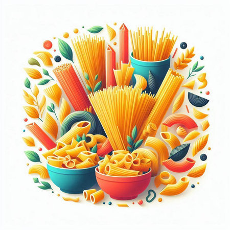 Colorful pasta round composition with different types of pasta, vector illustrationの写真素材