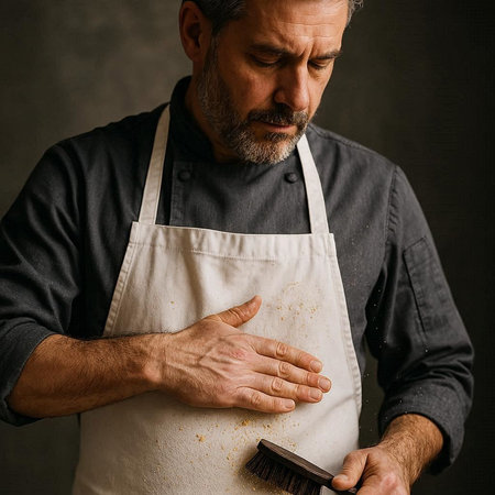 Portrait of a senior man in apron brushing his beard.