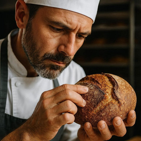 Close-up portrait of a male baker holding a fresh loaf of bread