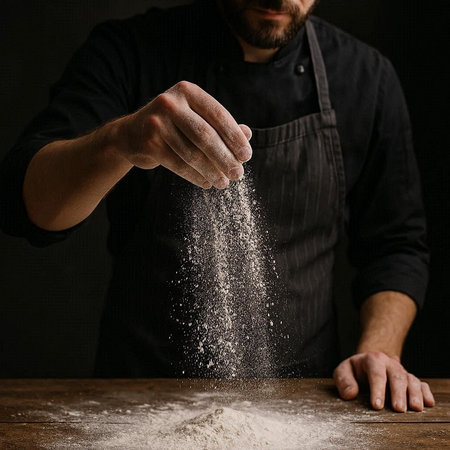 Chef sprinkling flour on wooden table over dark background, closeup