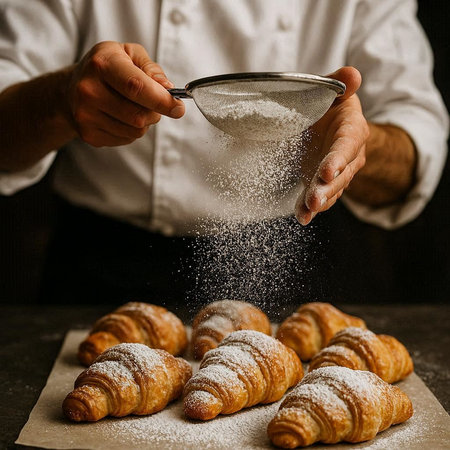 Croissants sprinkled with powdered sugar on a dark background. Hands of the chef.