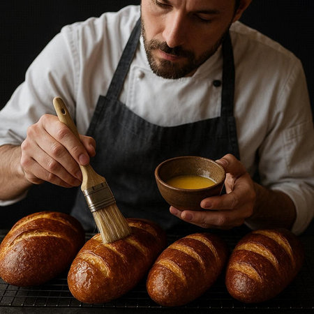 croissant chef in a white apron decorates croissants with honey