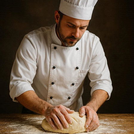 Chef kneading dough on a wooden table over dark background