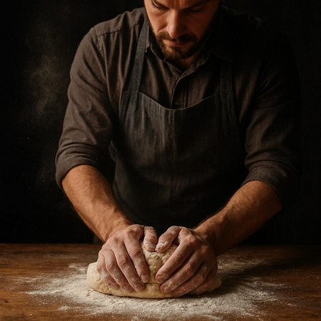 man kneads the dough on a dark background in the studio