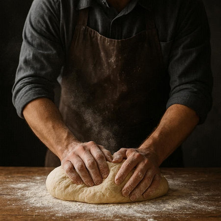 Male hands kneading dough on wooden table over dark background.