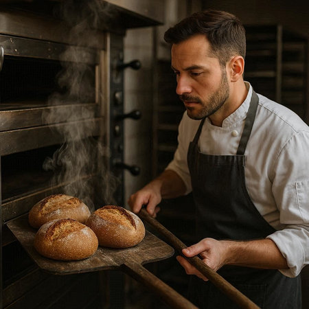 Handsome male baker in apron holding wooden tray with freshly baked bread in his bakery