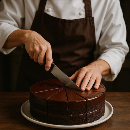Chef cutting a chocolate cake with a knife in a restaurant kitchen