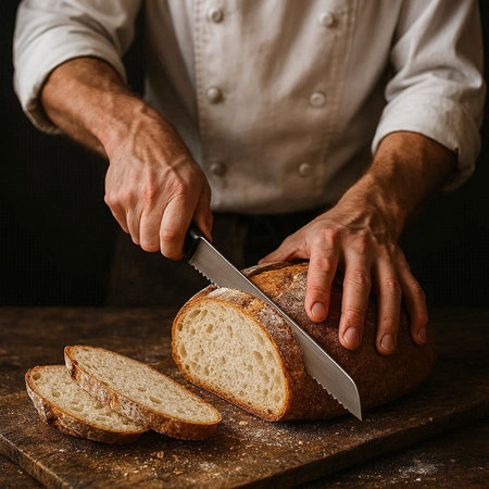 Close-up of the hands of a male baker cutting bread.