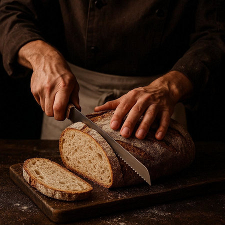 Male hands cutting bread with knife on dark background. Toned.