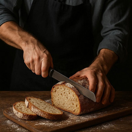 Male hands cutting bread with knife on wooden board over dark background.