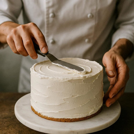 Chef decorating a cake with white cream, close-up