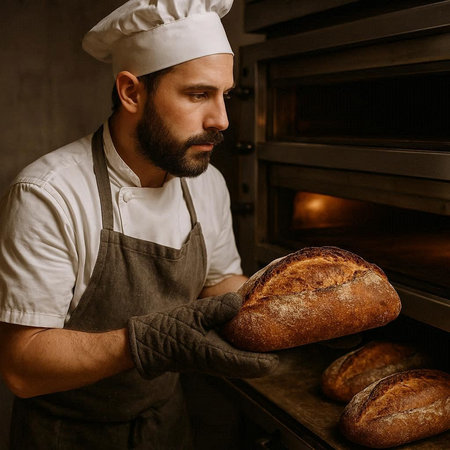 Portrait of a male baker holding freshly baked bread in his bakery.