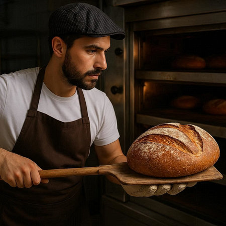 Handsome baker holding a loaf of bread in his bakery.