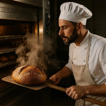 Handsome male baker holding a loaf of bread in the oven