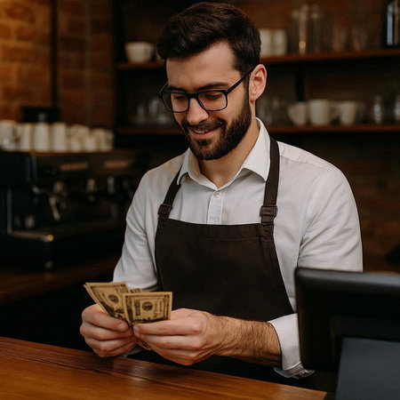 smiling barista in eyeglasses holding dollar banknotes in cafe