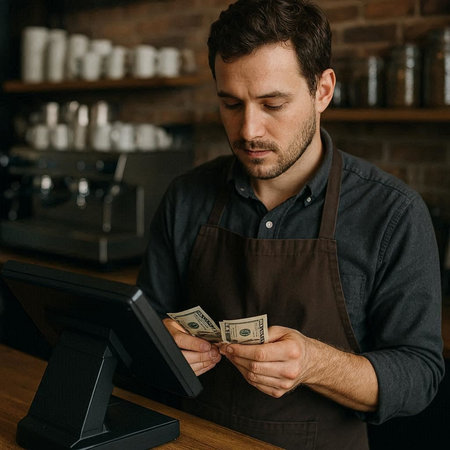 handsome barista counting money and using digital tablet in coffee shop
