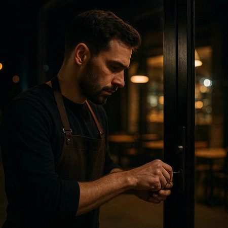 Portrait of a young man in apron opening door at night