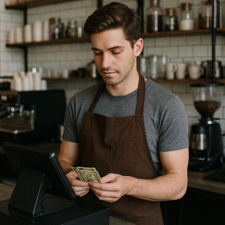 handsome barista counting money and using digital tablet in coffee shop