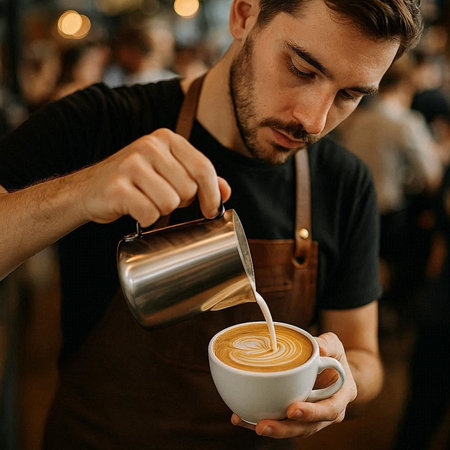 Barista pouring milk into a cup of latte art coffee.