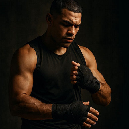 Portrait of a strong boxer in black sportswear. Studio shot.