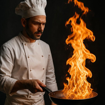 Portrait of a male chef holding a frying pan with fire on black background