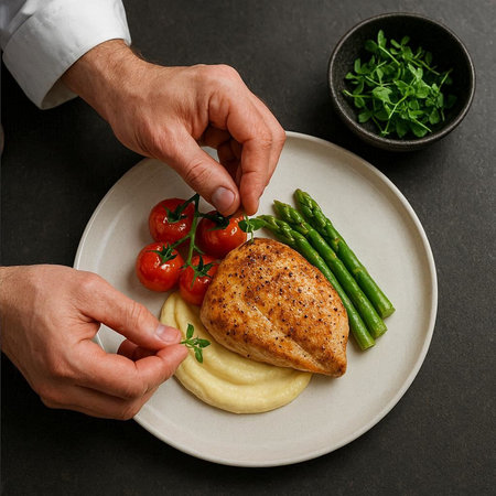 Top view of male chef's hands cooking chicken fillet with mashed potatoes, asparagus and cherry tomatoesの写真素材