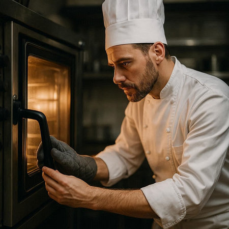 chef in white uniform and gloves preparing food in oven at restaurant kitchen