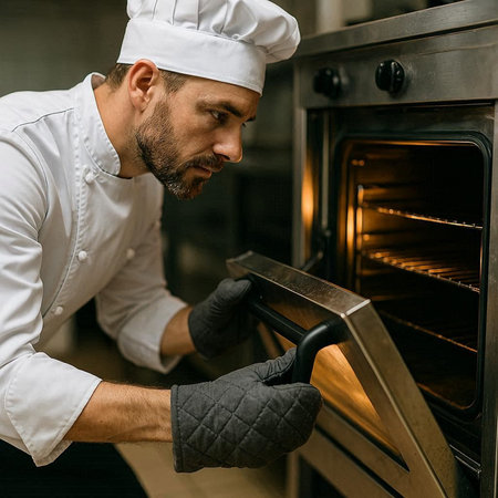 Handsome male chef in white uniform and gloves cooking in the oven
