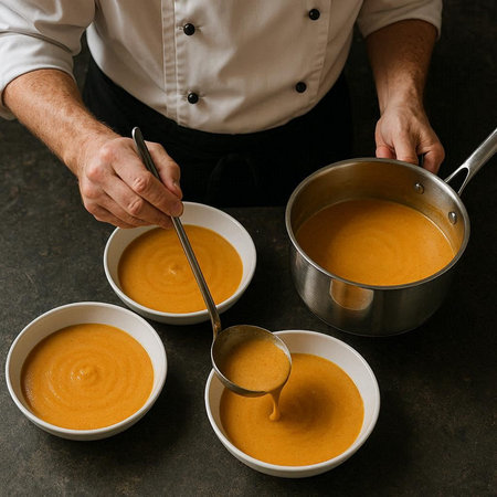 Chef in a white apron is cooking pumpkin puree soup.