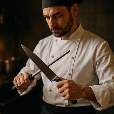 Portrait of a bearded male chef with a knife in his hands.