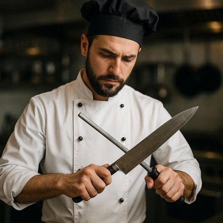 Portrait of a bearded male chef in uniform with a knife in his hand.