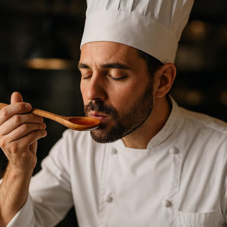 Portrait of a bearded male chef in a white uniform holding a wooden spoon in his hands.