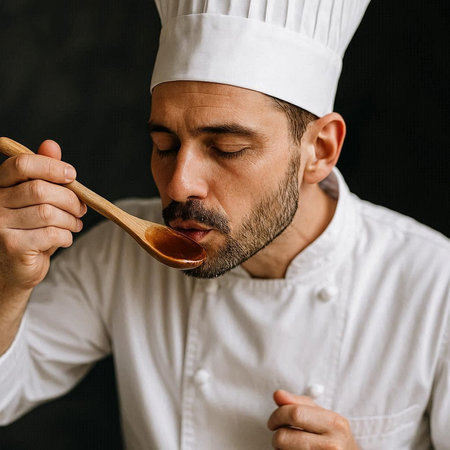 Portrait of a bearded male chef in a white uniform and hat.