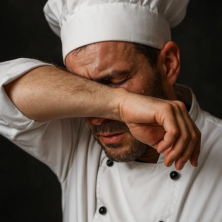 Portrait of a male chef covering his face with his hands.