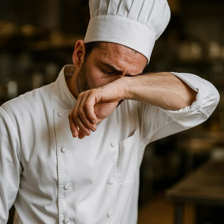 Portrait of a tired male chef in a white uniform leaning on his hand in the kitchen