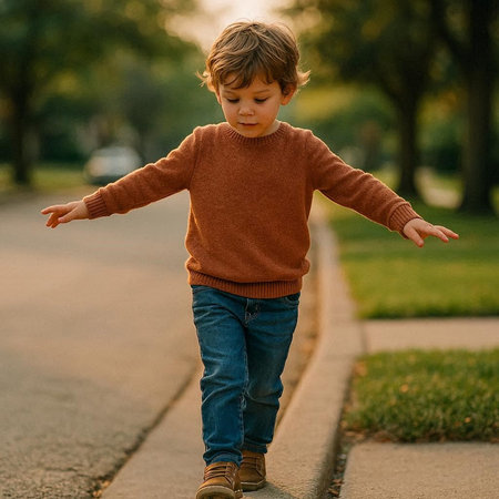 A little boy walks through the city in a sweater and jeans.