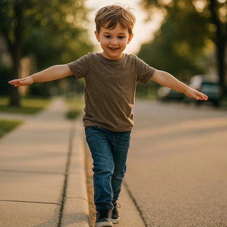 A little boy in a gray T-shirt and jeans walks in the park.