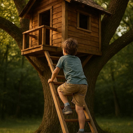 Little boy climbing a wooden birdhouse in the park. Back view.