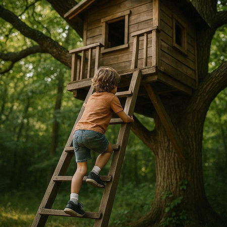 Little boy climbing on a wooden ladder in the forest. Back view.