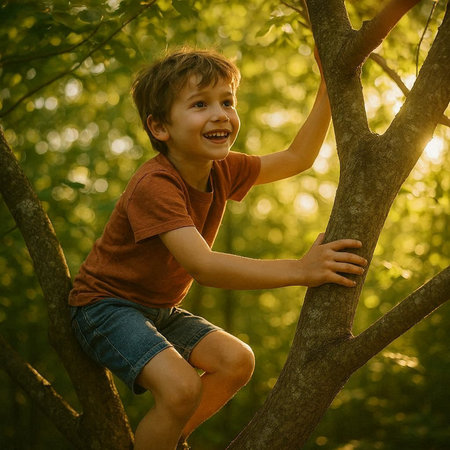Portrait of a cute little boy climbing a tree in the forest