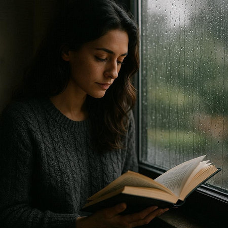 Young woman reading a book by the window in rainy day. Close-up.