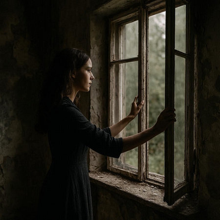 Young woman standing by the window in a dark room and looking out